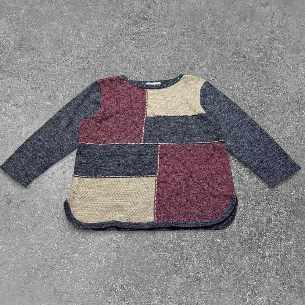 Alfred Dunner Patchwork Quilted Long Sleeve Top Navy Burgundy Beige Womens PXL